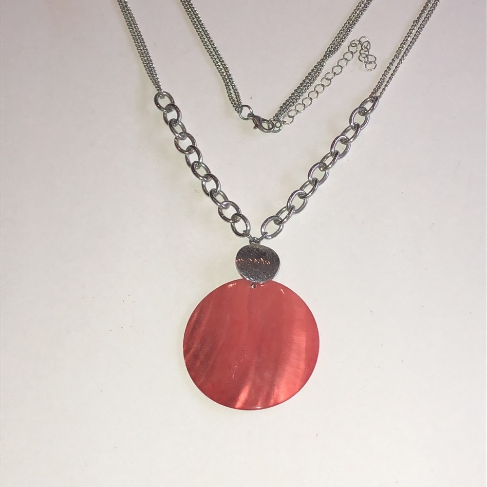 Silver Tone Chain Necklace with Coral Red Disc Pendant